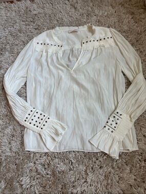 Ramy Brook White V-Neck Blouse with Eyelet Trim